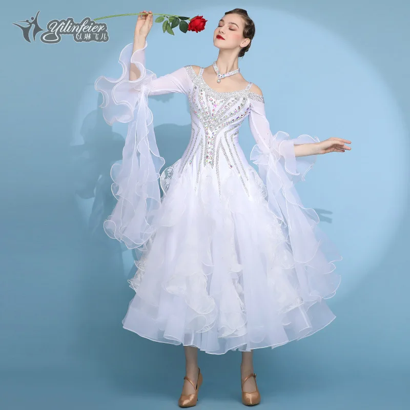 High Quality Women Adult Long Dance Wear Starry Pearl White Costumes custom Ballroom Dancing Dress