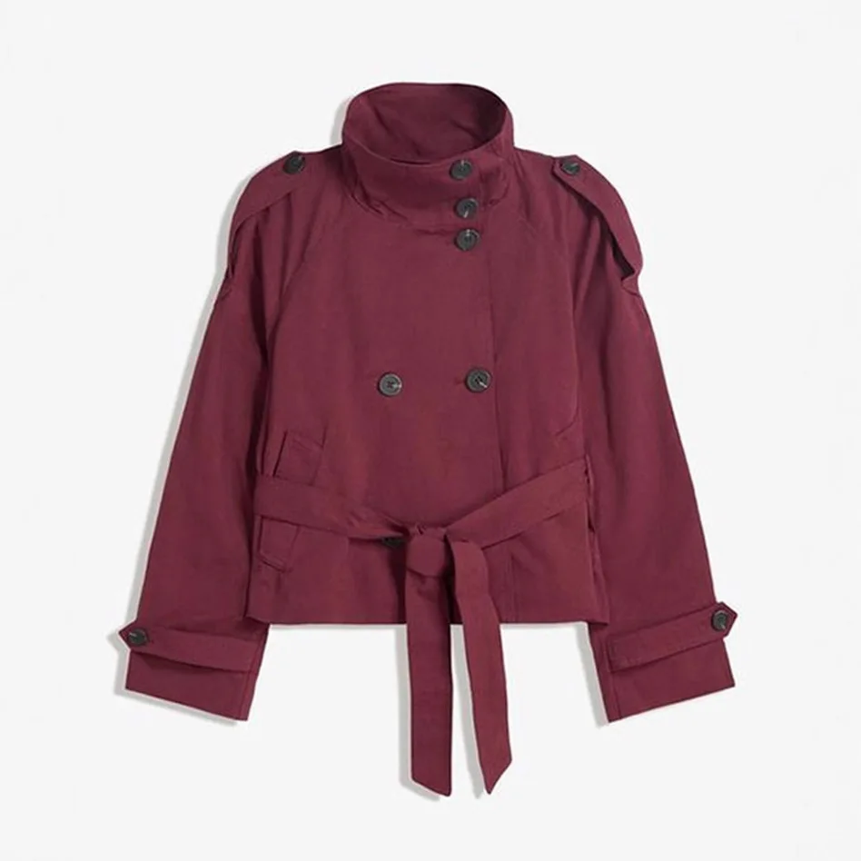 New Women's Solid Color Trench Coat Stand Collar Double Breasted Waist Tie Elegant Commuter Casual Loose Comfortable Warm Outfit