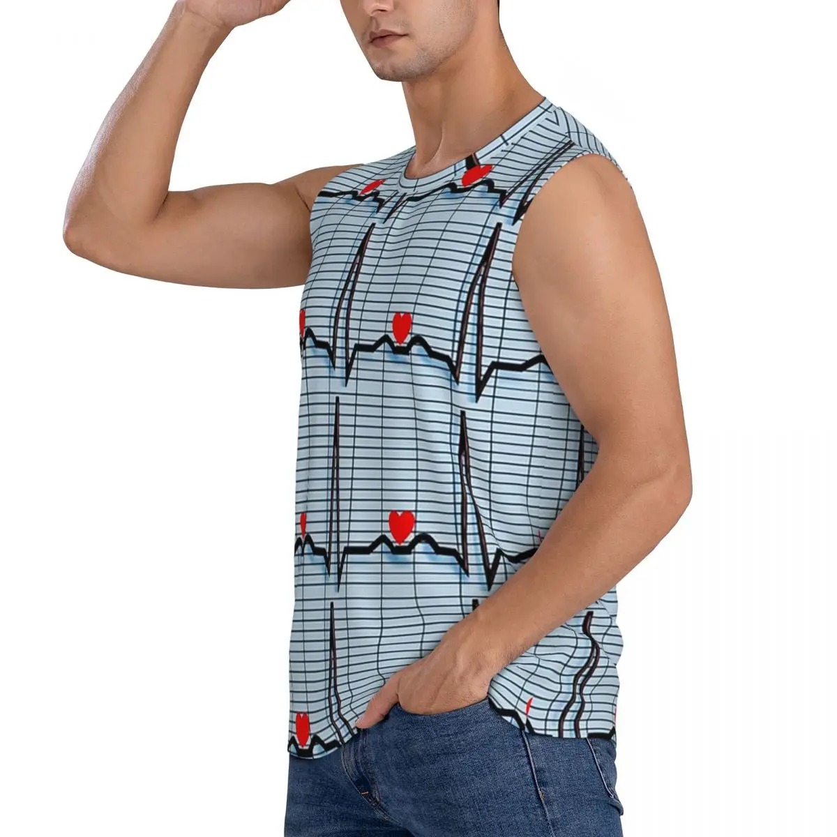 EKG Cardiac Rhythm Strips Men Sleeveless Tank Tops Quick Dry Breathable Gym Fitness Running Summer Casual Sport Vest