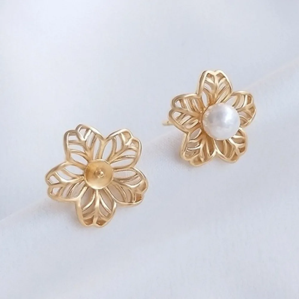 

Медные 14-каратные золотые серьги-гвоздики с жемчугом, сделай сам, держатель для бусин с половиной отверстия, булавка для ушей в форме цветка, серьги ручной работы, аксессуары, материал