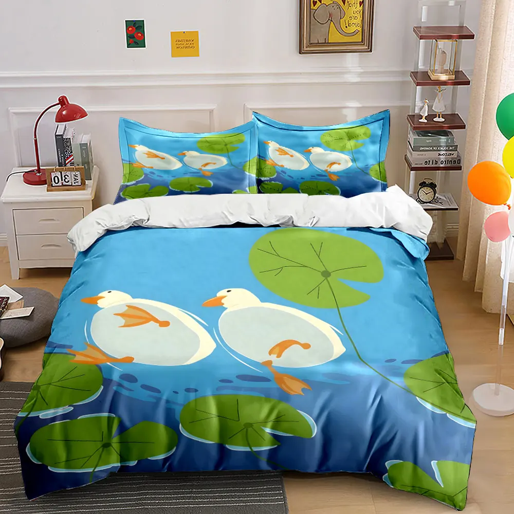 Ducks and lily pads cartoon Print Bedding Set 1 Duvet Cover 2 Pillowcases for Adult and Children Luxury Gift Full Size