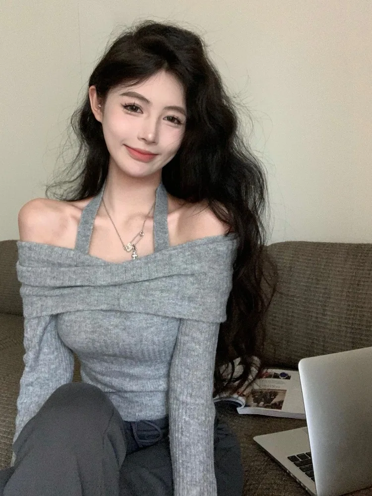 

Корейский модный женский вязаный свитер на одно плечо с длинным рукавом, облегающий укороченный топ из полиэстера для повседневной носки