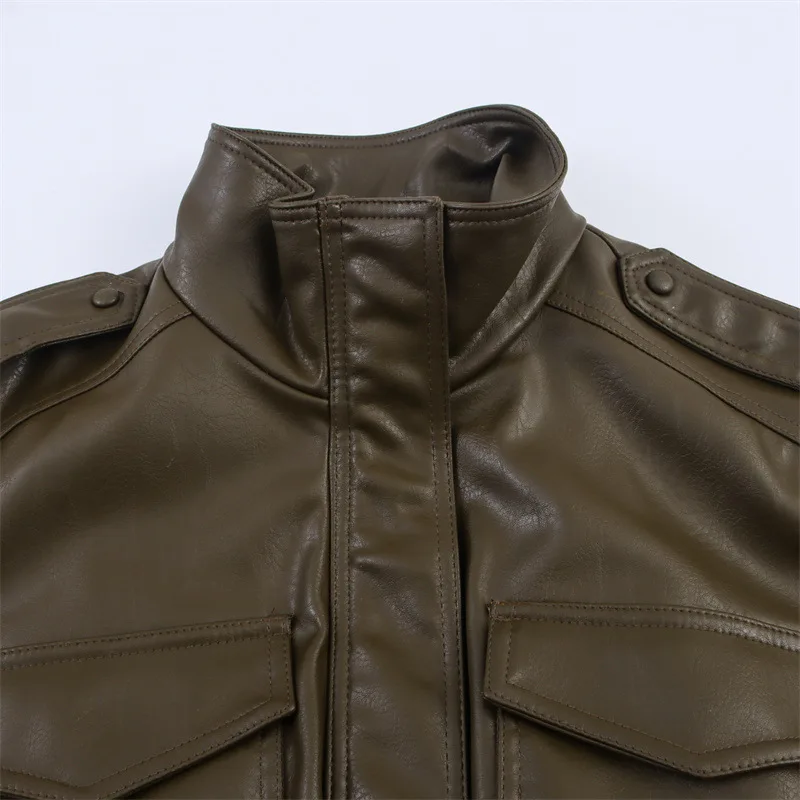 Street Faux Leather Jackets Women Loose Lapel Spliced Zipper Chocolate Retro Moto Biker Coat 2025 Autumn Lady Fashion Outwear