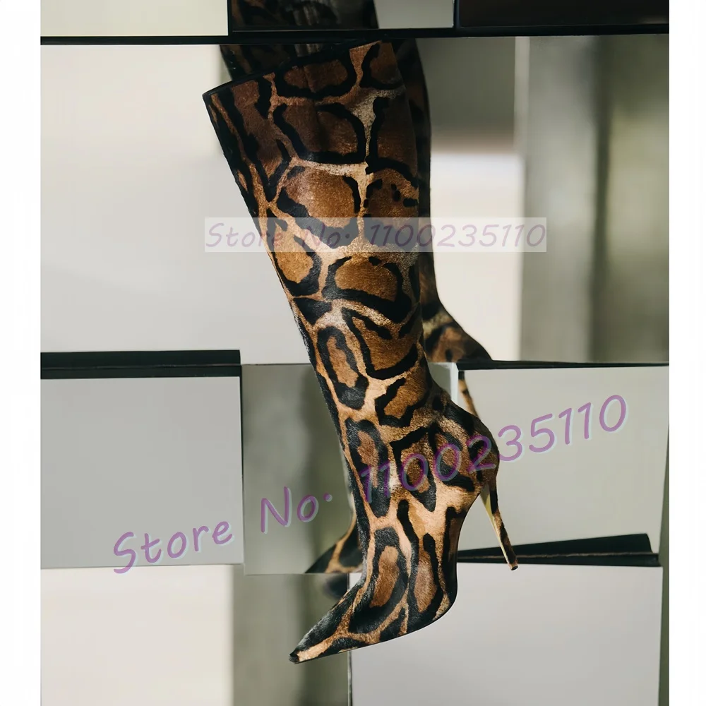 Leopard Print Faux Horsehair Knee High Boots Women Fashion Pointy Toe Runway Shoes Ladies Stylish Cool Side Zipper Slim Boots - view 2