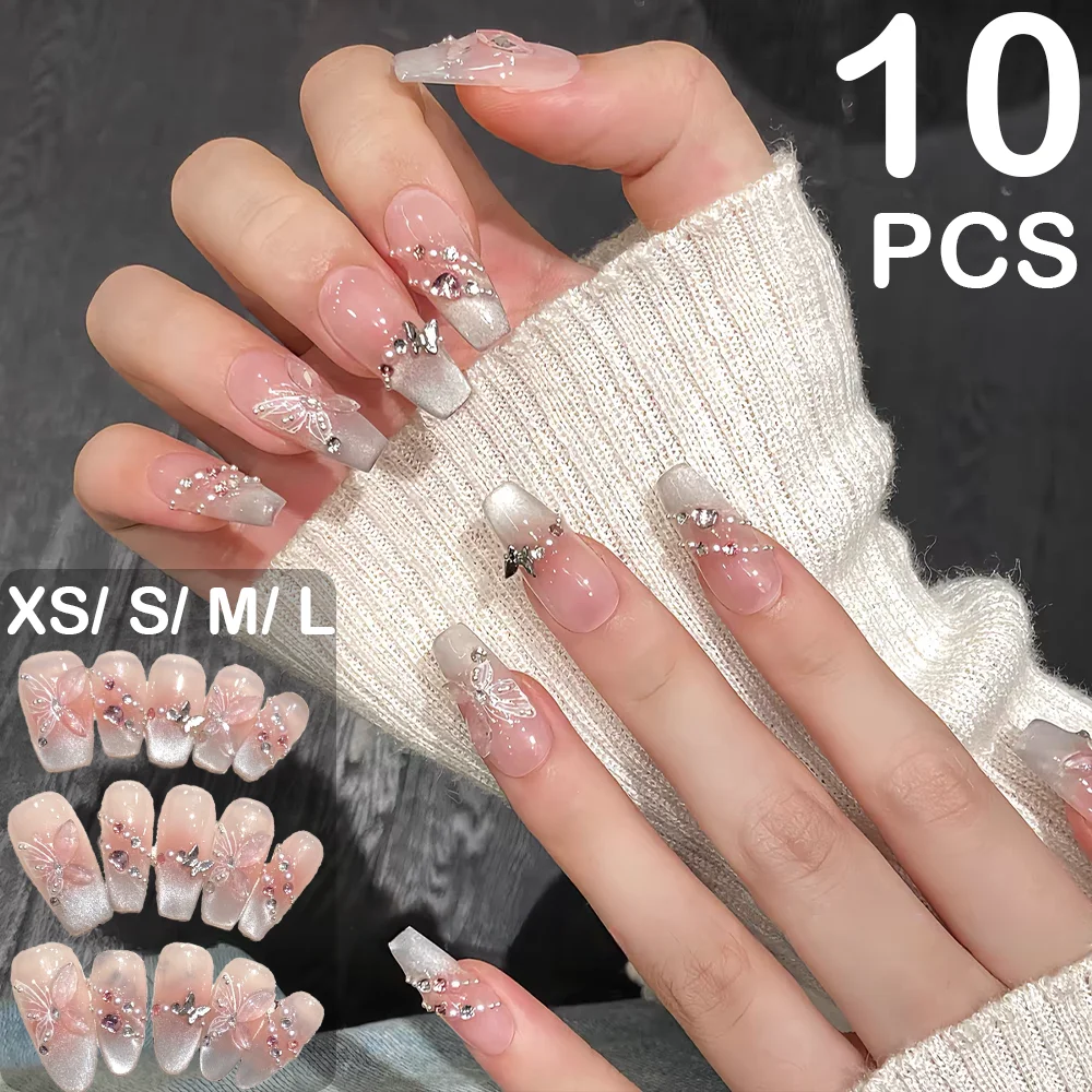 10Pcs French Handmade Blush Press On Nails Flash Crystal Butterfly Fake Nails Dating Mid Long Trapezium Ellipsoid False Nails