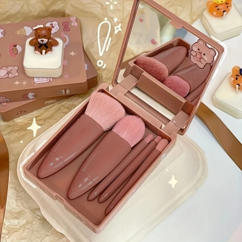 Kit de pinceaux cosmétiques portables, 5 pièces, miroir intégré, compact, pour fard à joues, poudre, maquillage, pour voyage, maison, usage quotidien