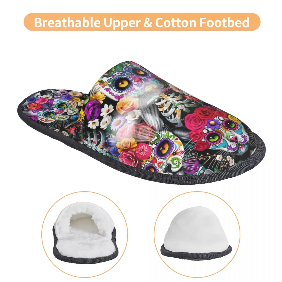 Custom Print Women Day Of The Dead Skeleton Floral Cats House Slippers Soft Warm Memory Foam Fluffy Slipper Indoor Outdoor Shoes