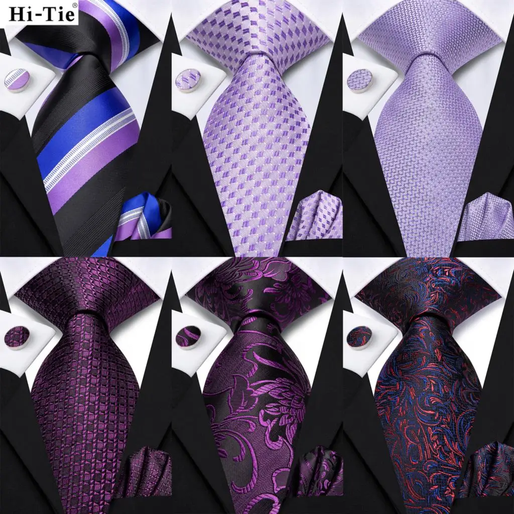

Hi-Tie Purple Lilac Floral Striped Silk Elegant Tie For Men Groom Wedding Men Necktie Pocket Square Cufflink Accessory Wholesale