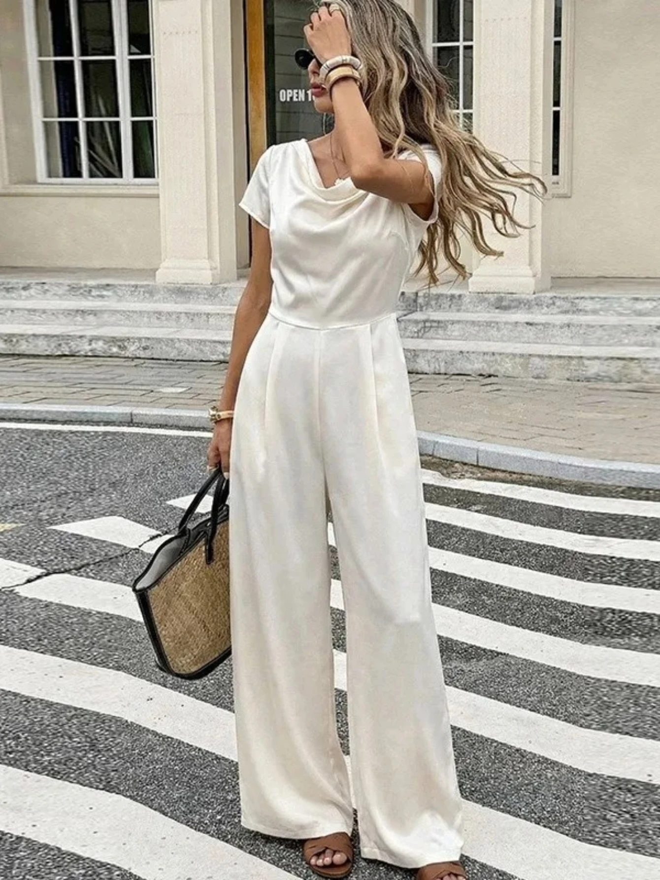 

Простые однотонные комбинезоны с коротким рукавом, прямые, повседневные, свободные, длинные брюки, весенние