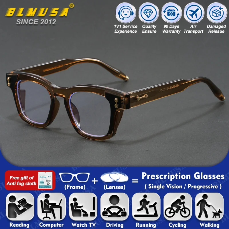 

BLMUSA (XL) Men Simple Thick Square Myopia Photochromic Prescription Glasses Trendy Anti Blue Ray Progressive Reading Eyeglasses