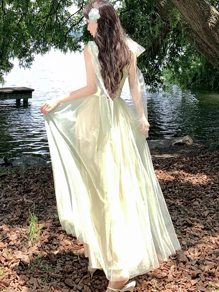 ฤดูร้อนสีเขียวตาข่ายเก๋โบว์สลิงชุดยาวผู้หญิงElegant Causal Ruffled Promเสื้อผ้า 2025 Korenaแฟชั่นBodycon Holiday Dress