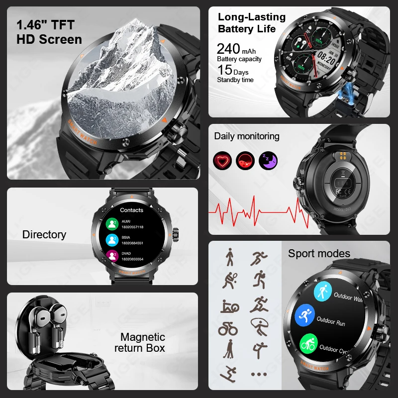 LIGE 2025 2-in-1 Smartwatch with TWS Bluetooth Earphones Heart Rate Health Monitor Music Headphone Sports Fitness Smartwatch Men