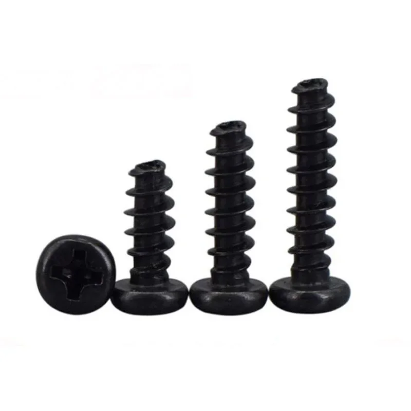 Lot 500pcs M2.6 Black Steel Mini Micro Small Phillips Cross Round Pan Head Flat Tail Self-tapping Wood Screw M2.6x4/5/6/7/8/10mm