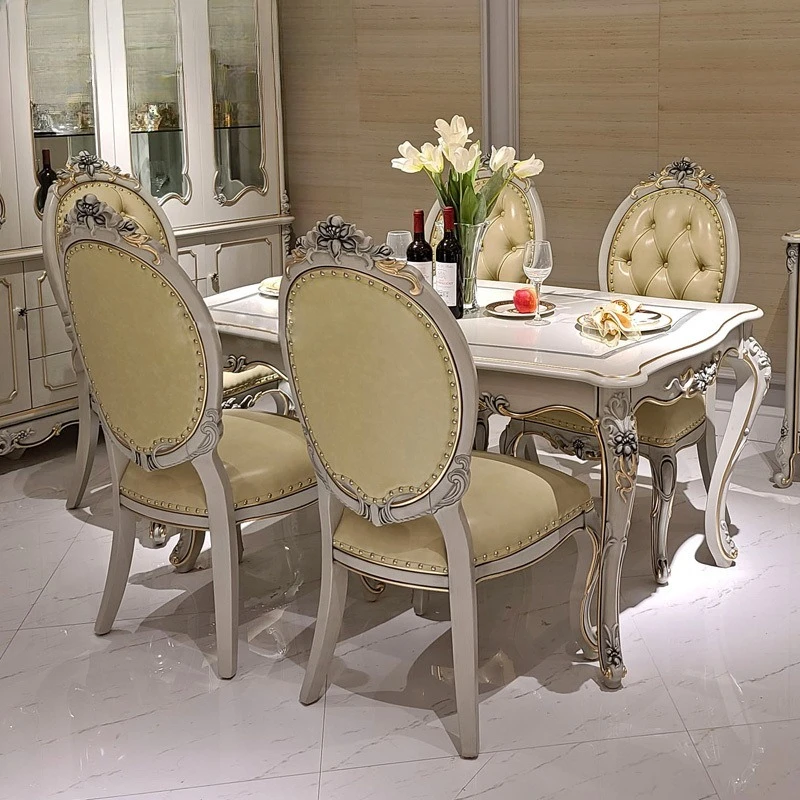 Furniture: European dining table and chair combination, neoclassical luxury solid wood carved dining table, 6 person rectangular