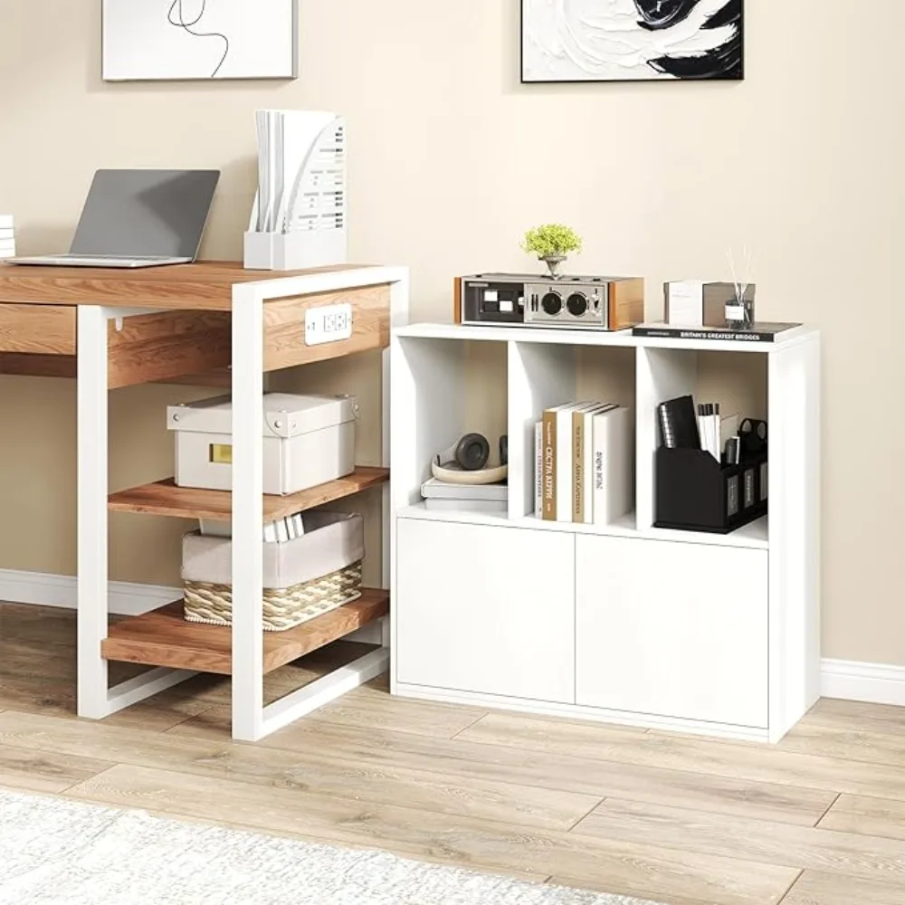 

3 Cube Bookcase with Do, 3-Tier Cubby Book Shel with 3 Open Comparents, Cabinet, Wooden Small Display Shel, reestanding C