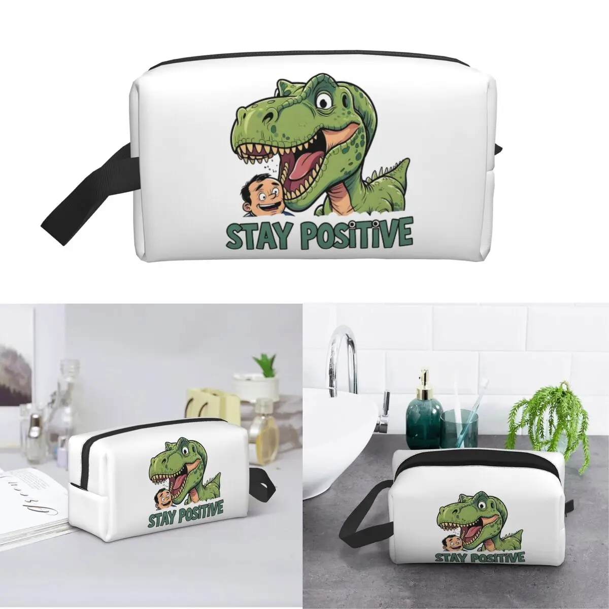 Stay Positive Funny T-Rex Dinosaur Sticker Makeup Bag Cosmetic Storage Dopp Kit Toiletry Cosmetic Bag for Women Beauty Travel