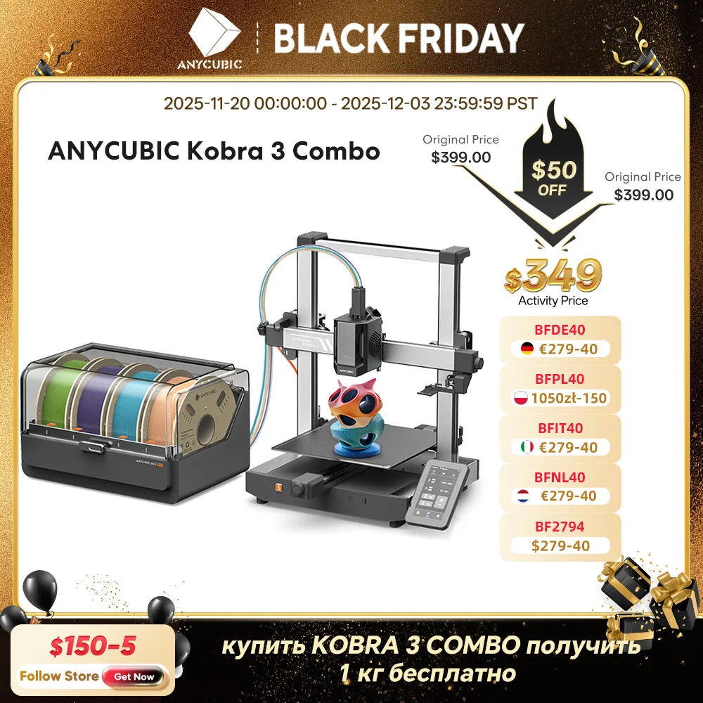 

ANYCUBIC Kobra 3 Combo AE Version Multi-Color FDM 3D Printer 600mm/s Printing Speed Build Size 250x250x260mm 4 to 8 Color Print