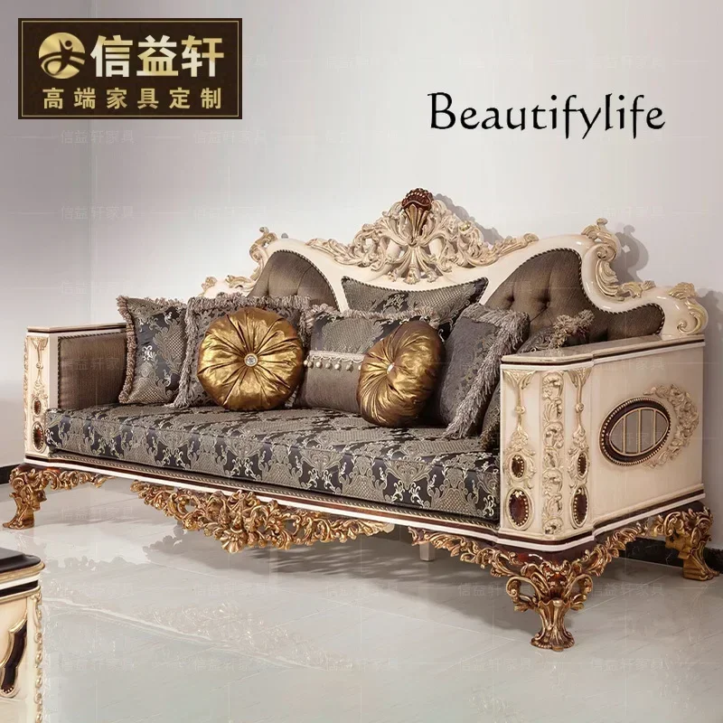 European fabric solid wood carving flower combination high-end French living room furniture custom sofa coffee table chair