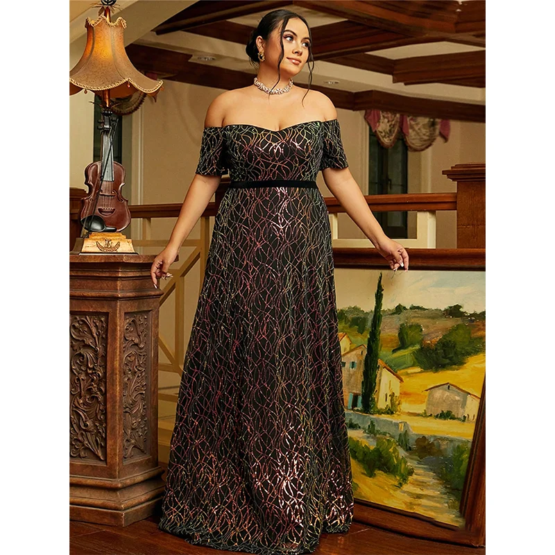 

Plus Size Off Shoulder Bright Black Sequin Embroidery Evening Dress 4XL5XL Luxury Prom Party Banquet High-end Fishtail Dresses