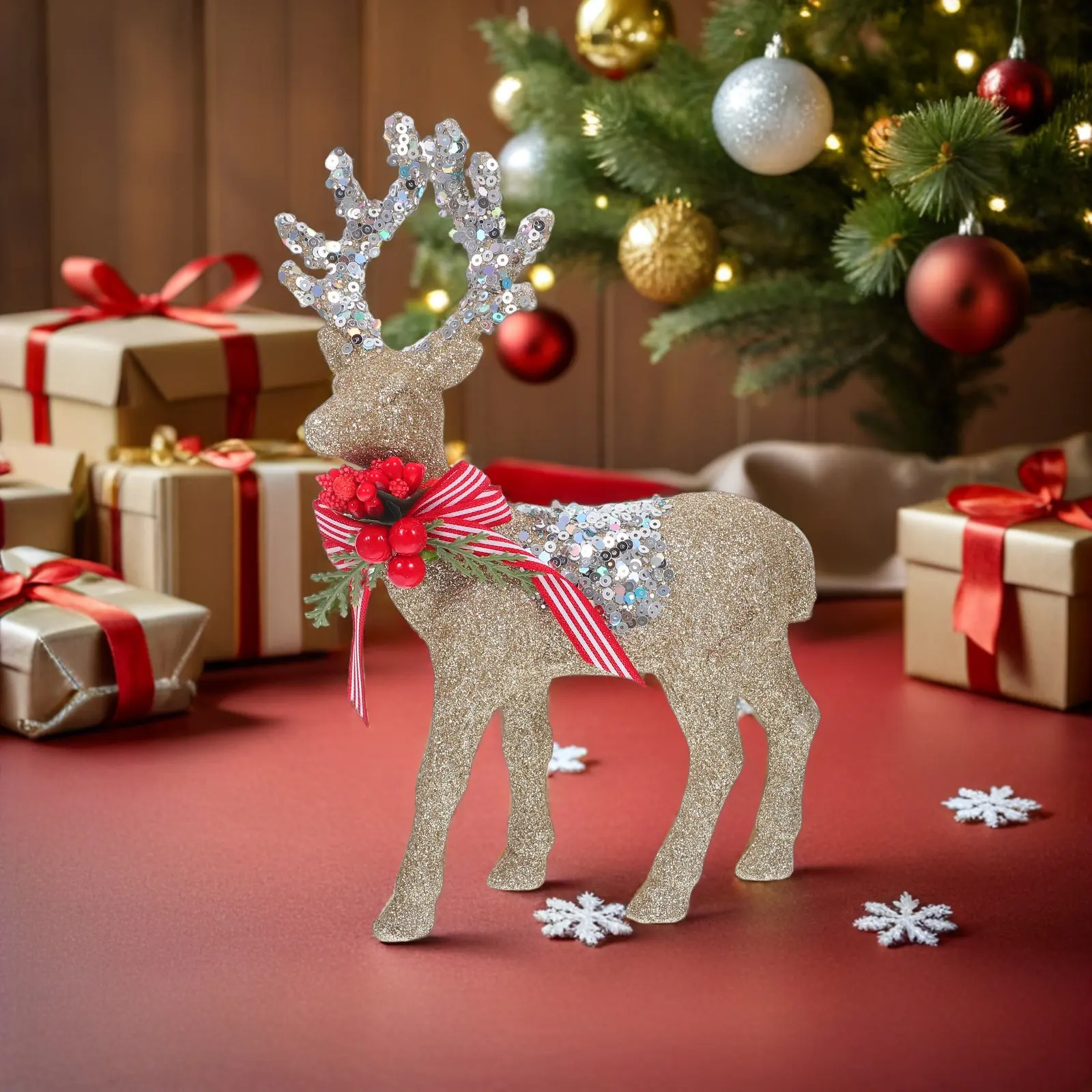 1Pair Flocking Reindeer Statue Plastic Glitter Standing Deer Sculpture Christmas Fireplace Mantle Table Decoration Centerpiece