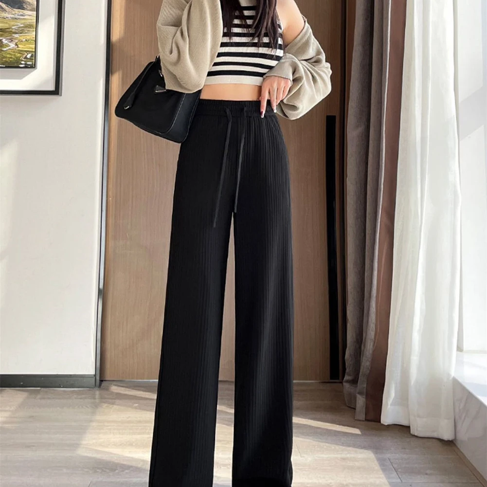 Women Solid Color Wide Leg Pants Elastic Waist Drawstring Long Trousers Casual Basic Sportswear For Daily Vacation Holiday