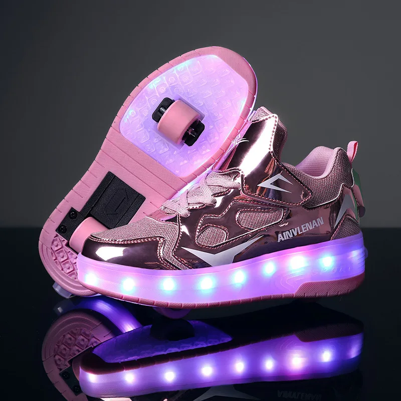 

Air Mesh LED Children Wheels Shoes USB Charging Fashion Breathable Boys & Girls Kids Roller Sneakers Size 27-41