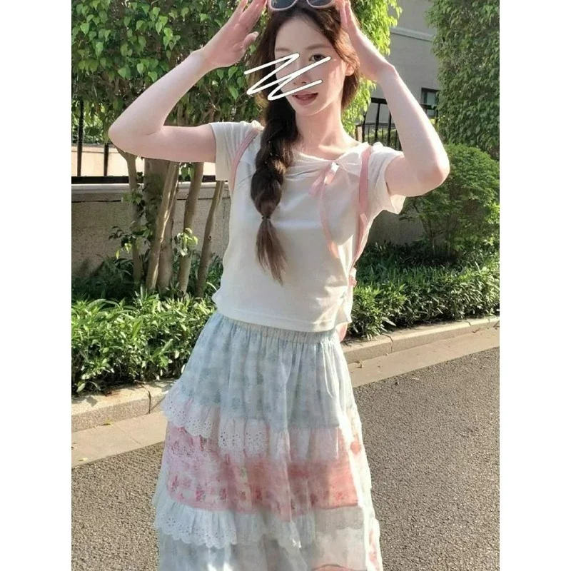 2026 Primavera novedad de verano vestido de encaje de cintura alta con forma de pastel para mujer dulce chica Vintage francés Floral encaje empalme falda Retro