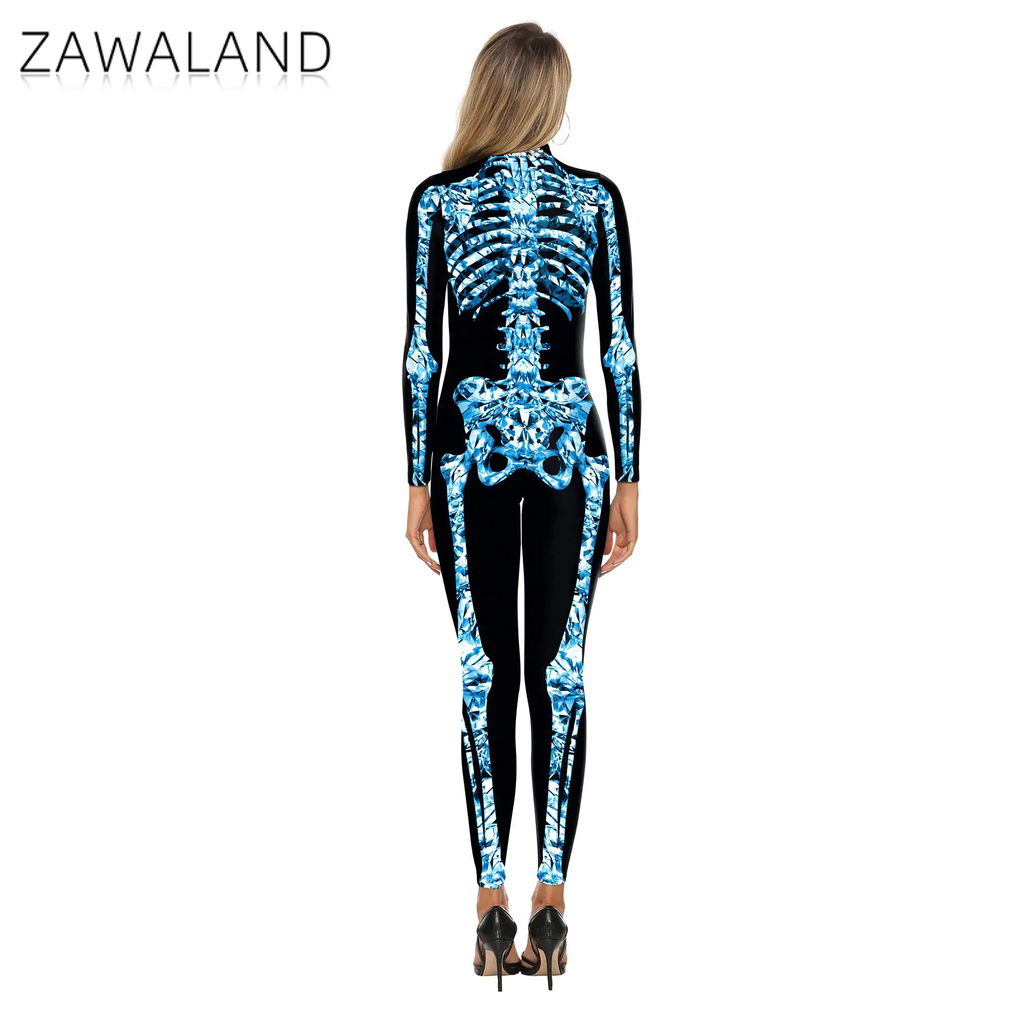 Zawaland Halloween Skeleton Cosplay Costume Women 3D Digital Printing Long Sleeve Bodysuit Stretch Elastic Zentai Rubber Suit