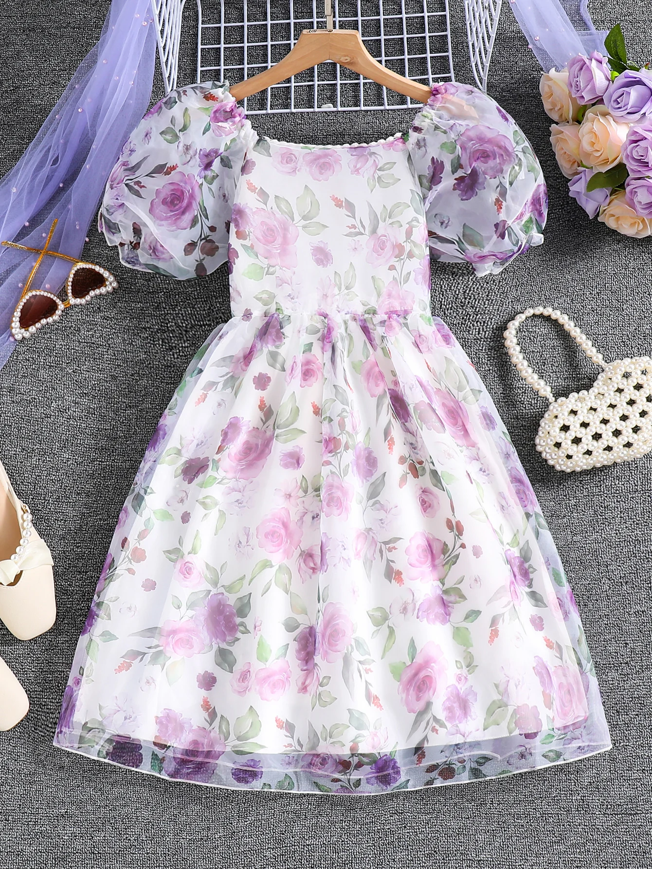

New Summer Girls' Dress European And American Puff-Sleeve Princess Dress Floral Print Children's Party Dress With Puffy Skirt