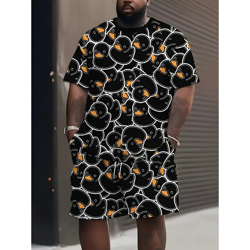 Summer 2025 3D Printed Polyester Fiber Round Neck Short Sleeved T-shirt and Shorts Set for Casual Sports and Outdoor Activities