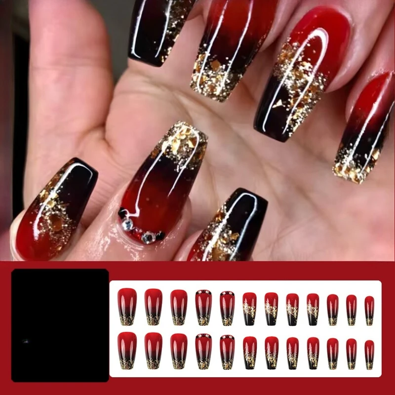 

Wearing armor advanced black and red gradual change diamond glitter nail art piece