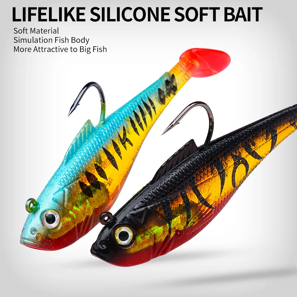 1/5 Stück Künstlicher Weichköder mit Jigkopf 3,6g 9,5g 24,6g Jigging-Weichköder Gummi-T-Schwanz Angelköder Schwimmköder für Barsch und Hecht – Detail 7