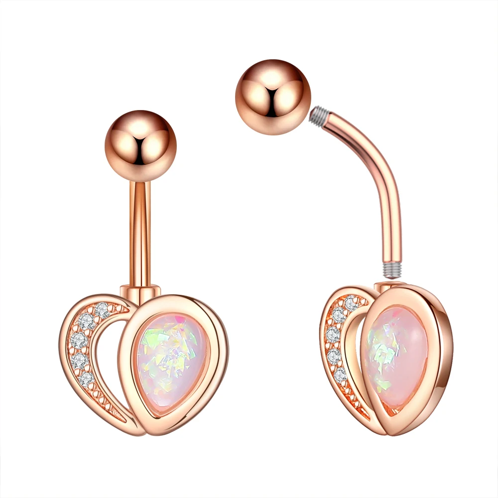 Heart Series Crystal Zircon Belly Button Ring 14G Dangled Heart Chain Navel Belly Piercing Nombril Stainless Steel Body Jewelry