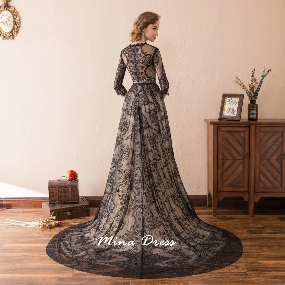 Mina Maßgeschneidertes, elegantes, halbtransparentes Spitzen-Abendkleid mit Rundhalsausschnitt, Dreiviertelärmeln, bodenlanger Schleppe, formelles Ba – Detail 5