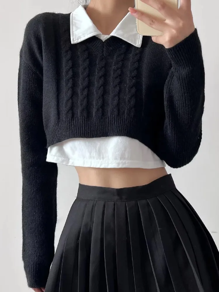 2022 Vintage V neck Knitted Twist Striped Cropped Pullovers Preppy Full Sleeve Navel Exposure Sweater High Waist Jumper