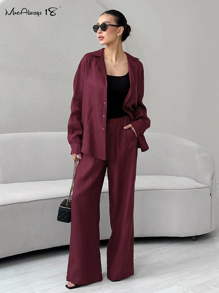 Mnealways18 Wine Red Pants Sets Office Ladies Loose Shirts And Wide Leg Pants Two Pieces Casual Outfits Cotton Linen Women Suits