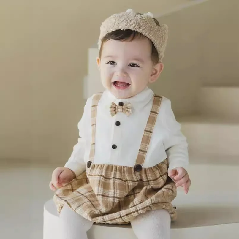 

2025 Autumn Boys Birthday Party Outfit 0-24 Months Long Sleeve Plaid Bow Tie Bodysuit Infant Cotton Romper Jumpsuit