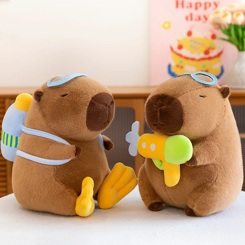 Pilot Capybara Plush Doll with Goggles & Plane, Cute Stuffed Animal Toy, Kawaii Capybara Cosplay Pillow Kids Birthday Gift