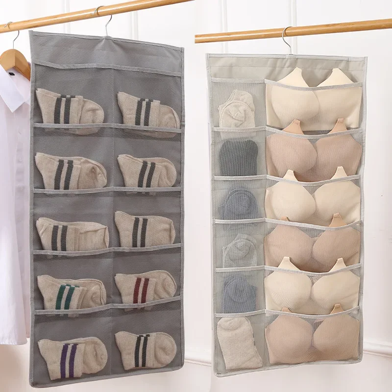 Double-Sided Wall-Mounted Underwear Socks Storage Bag Flat Design Home Wardrobe Bra Organizer Hanging Bag Dormitory Style