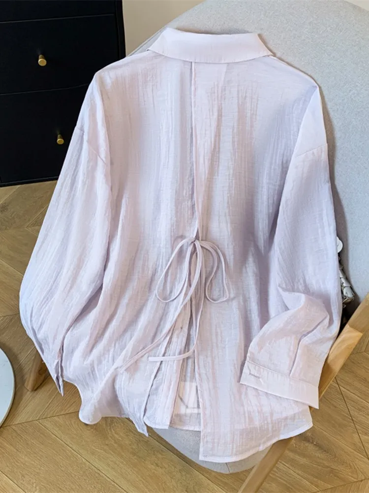 日焼け止めアイスシルク女性のシャツ夏軽量長袖ポロ襟カジュアルアウター半透明ファッション通勤