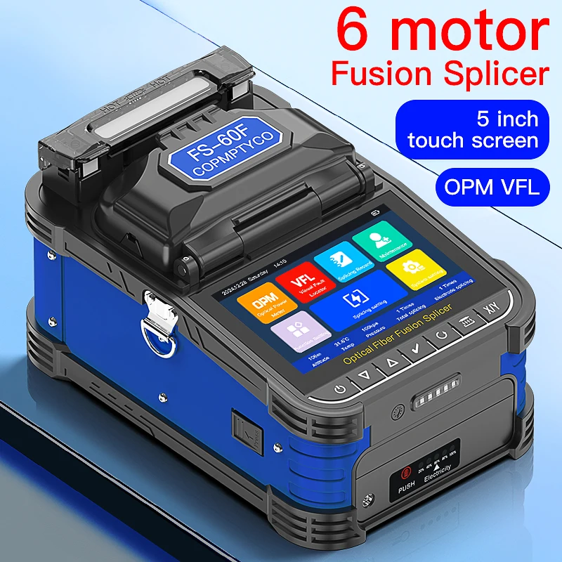 FS-60F Fiber Fusion Splicer 6 Motors 10 Languages Touch Screen SM MM Optical Fiber Core Heat Fusion Machine Built-in OPM and VFL