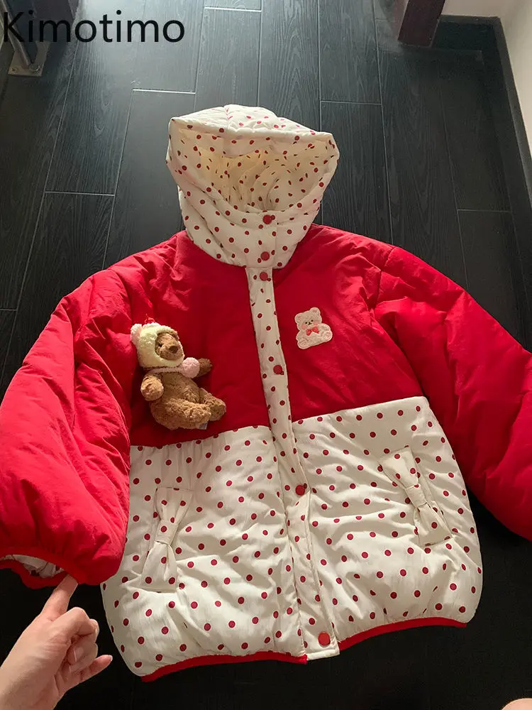 Kimotimo Sweet Quilted Coat Women Preppy Style Bear Embroidery Hooded Parkas Jacket Winter Patchwork Polka Dot Warm Loose Tops