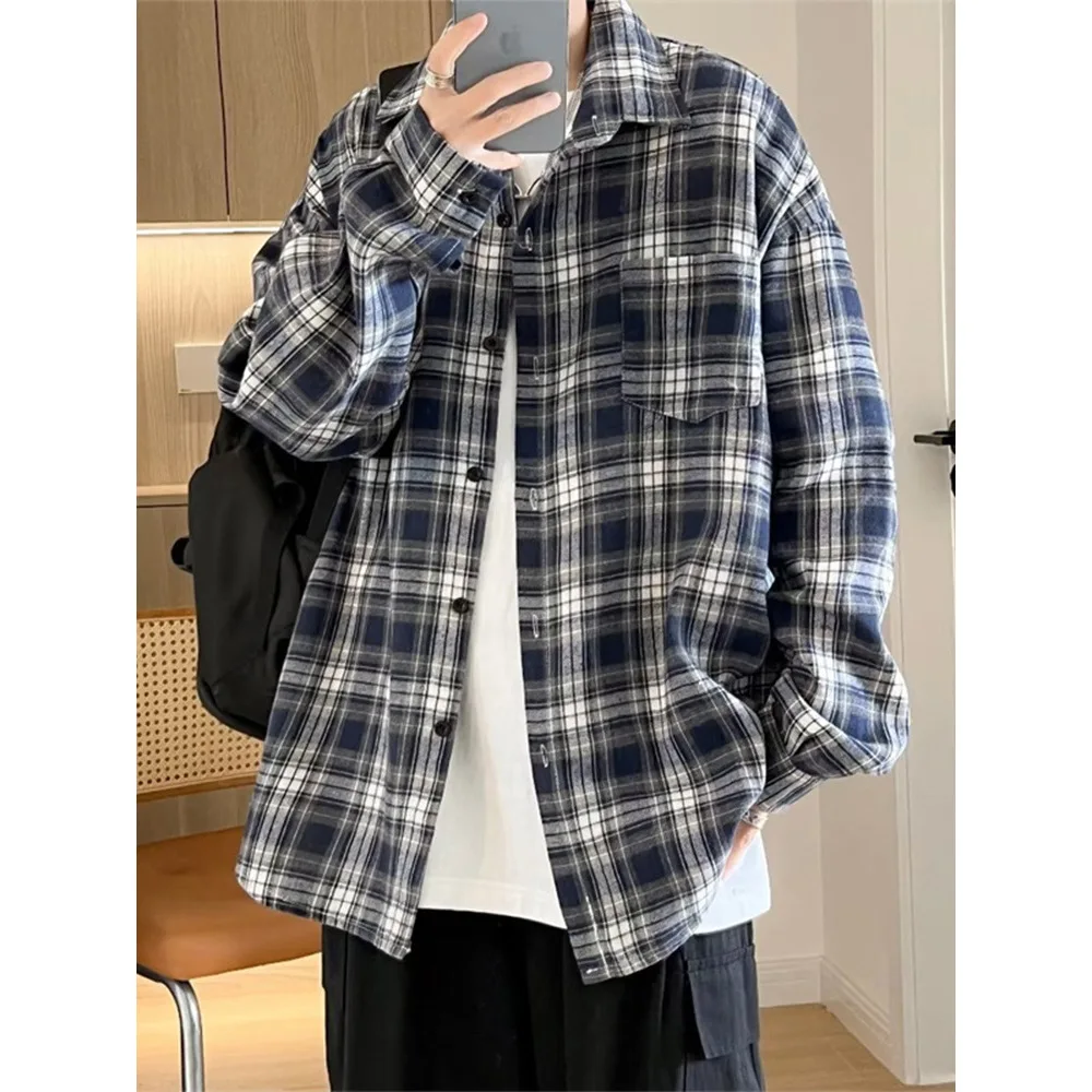 

Japanese Sle Plaid Long Sve Casual irt Men's Autumn New Faion Loose Workwear irt for Teenagers And Young Adults