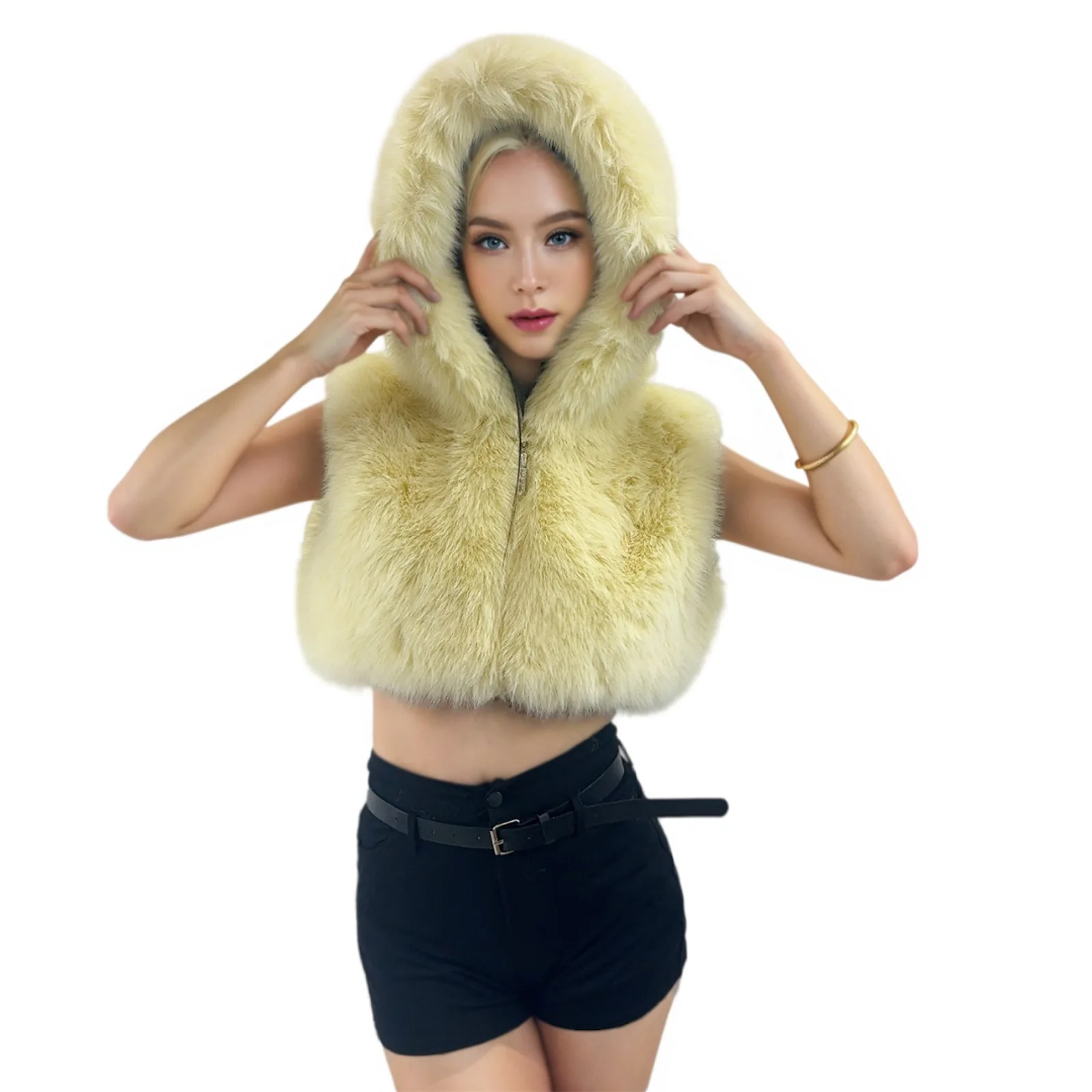 Sexy Faux Fox Fur Sleeveless Vests Women 2026 Fashion Autumn Winter Thick Warm Hooded Furry Cropped Jacket Female Outerwear Coat