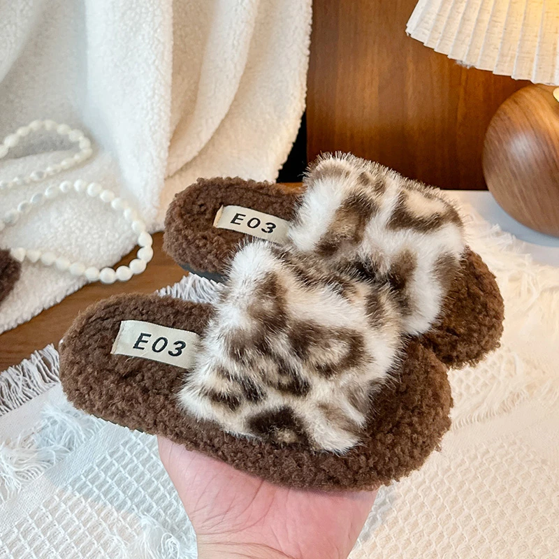 الأطفال ليوبارد نِعال من الفراء 3-18 سنة البيج ملابس خارجية الفتيان والفتيات أحذية قطنية الكاري لينة عدم الانزلاق الاطفال النعال #3