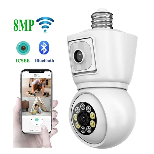 Imagen 1 del producto ICSEE 4K 8MP E27 bombilla WiFi cámara de doble lente pantalla Dual seguimiento automático Audio bidireccional visión nocturna en Color cámara de vigilancia de 4MP