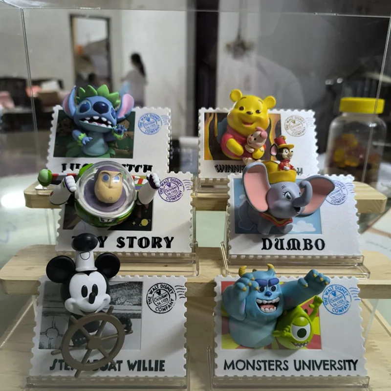 Miniso Disney 100th Anniversary Retro Stamp Blind Box Mystery Box Mickey Mouse The Pooh Stitch Refrigerator Stickers Statue Gift