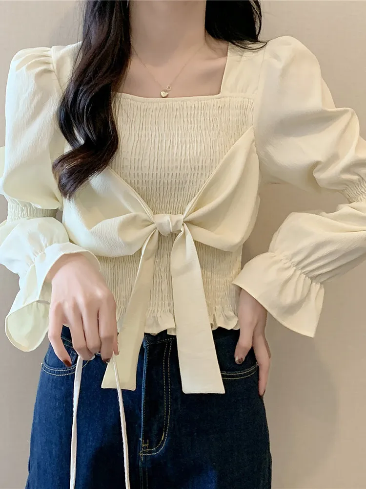 

Early Spring Short Sleeveless Women's Shirt Square Collar Long Sleeve Gentle Unique Inner Wear Commute Style Korean Version