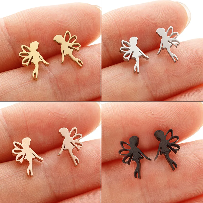 Korean version ins cartoon retro angel stud earrings niche light luxury stainless steel butterfly fairy elf earrings spot