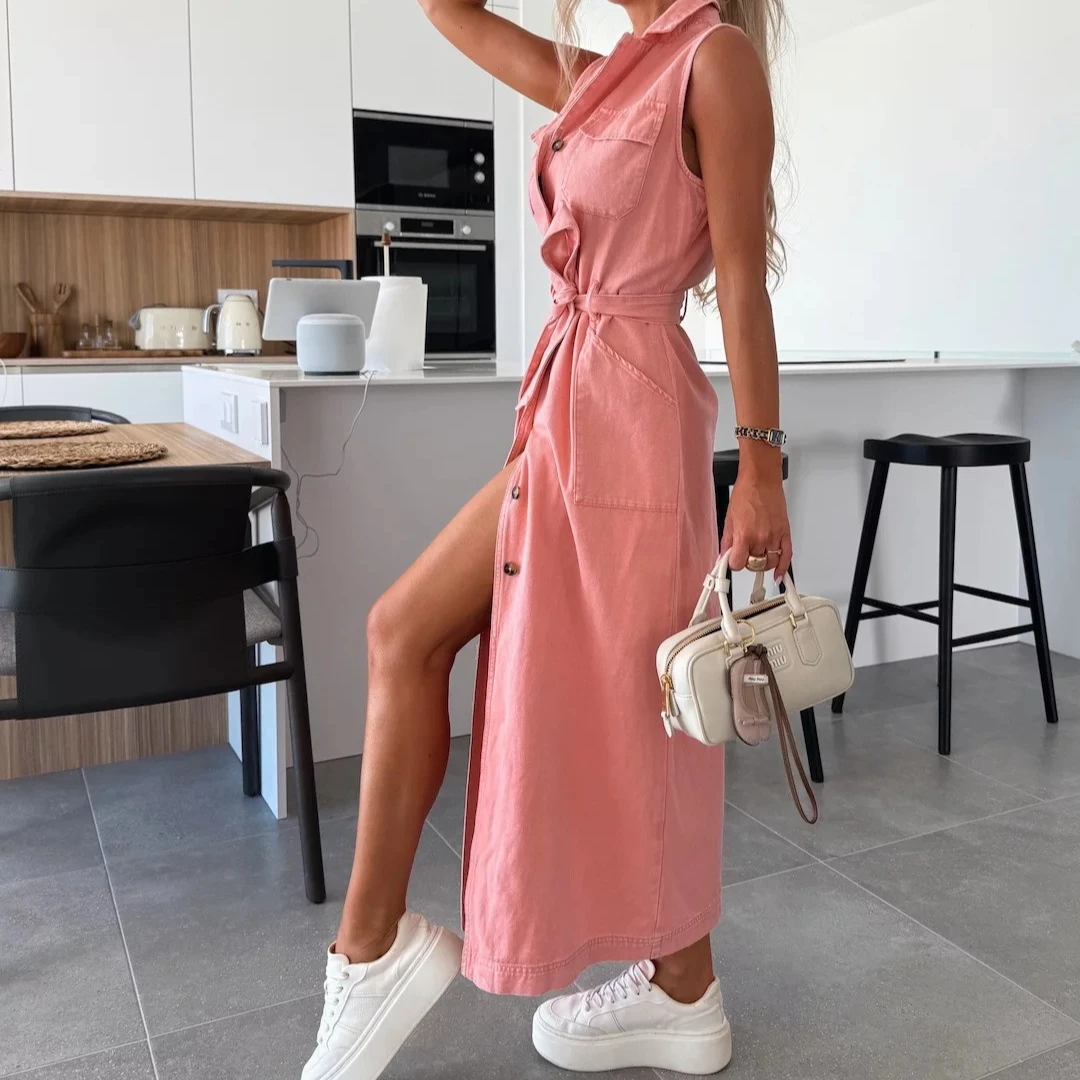 

Long Dress Women Denim Dresses High Waist Sleeveless Vestidos Streetwear Single Breasted Elegant Splice Y2k Mom Jeans Maxi